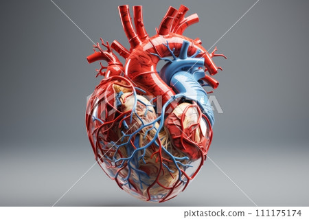 AI-generated content. 3D illustration of colorful human heart on white background. Human heart anatomy, atria and ventricles, valves, blood vessels and veins. Mockup for publications on medical topics 111175174