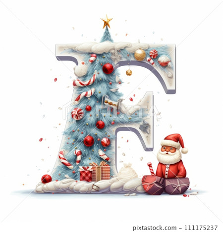 AI-generated content. Volumetric capital letter F, decorated in a festive Christmas and New Year style. Christmas tree decorations, balls, pine cones, tinsel. Mockup for Christmas banner or background 111175237