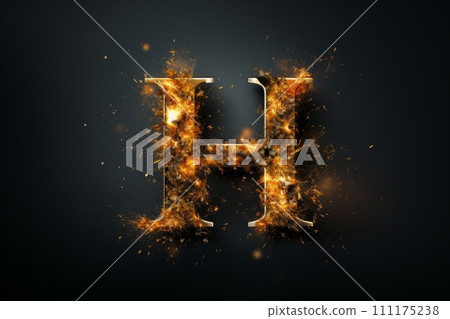 AI-generated content. Volumetric capital letter H made of metal. Effect of metal heated for forging, with flames and smoke. Workpiece for spectacular 3D text. Mockup. Isolated on black. 111175238