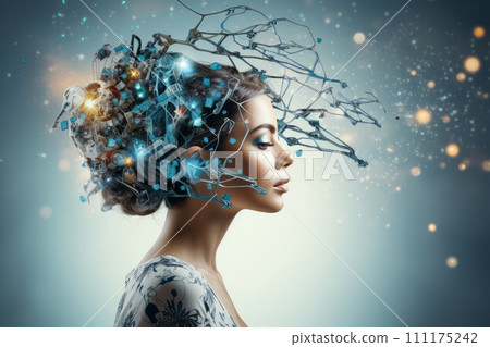AI-generated content. Fictional portrait of female humanoid robot with realistic beautiful face. Cyborg woman's head entangled in network of wires, sensors and electronic impulses. Artificial 111175242