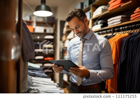 AI-generated content. Portrait of young handsome male salesperson, manager or business owner with checklist in fashionable clothing store. Competent employee using tablet for goods accounting. 111175255