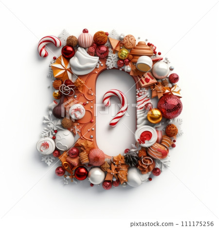 AI-generated content. Volumetric capital letter O, decorated in a festive Christmas and New Year style. Christmas tree decorations, balls, pine cones, tinsel. Mockup for Christmas banner or background 111175256