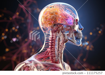 AI-generated content. 3D illustration of transparent human skull and colorful image human brain anatomy. Musculoskeletal tissue, nervous system, blood supply, neural connections. Mockup for 111175257