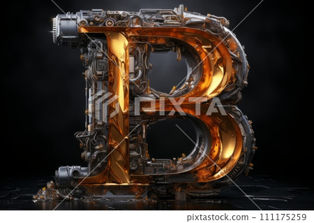 AI-generated content. Volumetric capital letter B made of metal. Effect of compressed scrap metal, wheels, gears, parts, wire. Workpiece for spectacular 3D text. Mockup. Isolated on black. 111175259