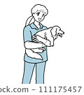 Veterinary hospital staff holding a dog 111175457
