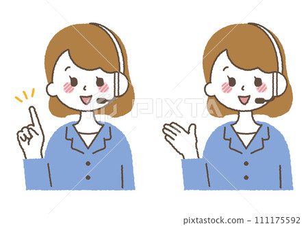 Illustration of a person working as an operator. A woman answering the phone at a call center. 111175592
