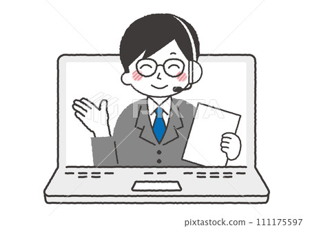 作為計算機操作員工作的人的插圖。一名男子在呼叫中心接聽電話 111175597