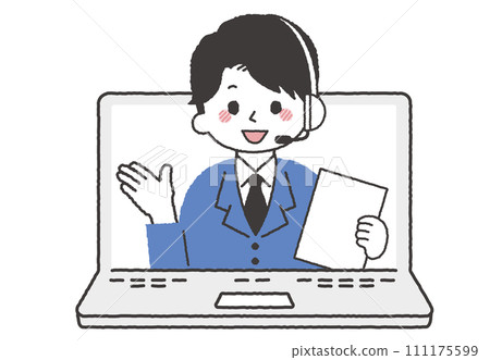 作為計算機操作員工作的人的插圖。一名男子在呼叫中心接聽電話 111175599