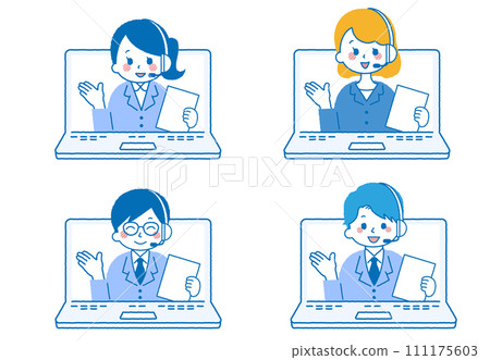 作為計算機操作員工作的人的插圖。一名女子和一名男子在呼叫中心接聽電話。 111175603