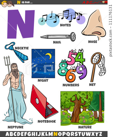 Letter N set with cartoon objects and characters 111176131