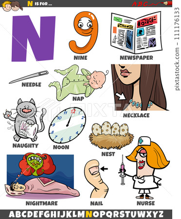 Letter N set with cartoon objects and characters 111176133