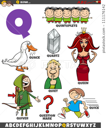 Letter Q set with cartoon objects and characters 111176142