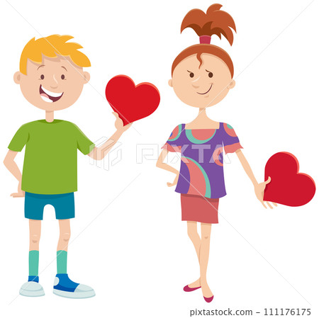 cartoon girl and boy characters with Valentines Day cards 111176175