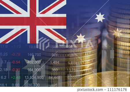 Australia flag with stock market finance, economy trend graph digital technology. Australia flag with stock market finance, economy trend graph digital technology. 111176176