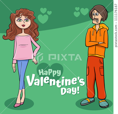 Valentines Day design with comic young couple Valentines Day design with comic young couple 111176187
