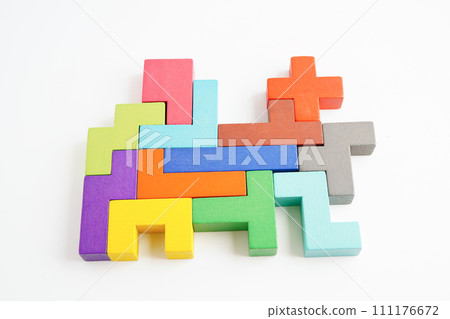 Logical thinking and problem solving problem solution creative business concept, wooden puzzle geometric block shape. 111176672