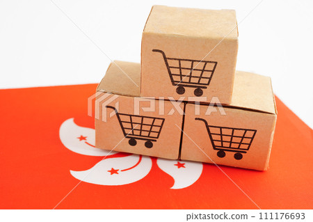 Online shopping, Shopping cart box on Hong Kong flag, import export, finance commerce. Online shopping, Shopping cart box on Hong Kong flag, import export, finance commerce. 111176693