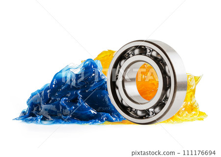 Grease and ball bearing, Blue premium quality synthetic lithium complex grease, high temperatures and machinery lubrication for automotive and industrial. Grease and ball bearing, Blue premium quality synthetic lithium complex grease, high temperatures and machinery lubrication for automotive and industrial. 111176694