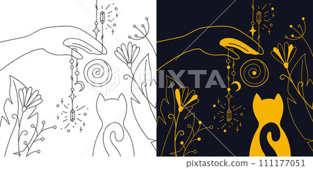Mystical composition with ritual and cat. Two-color and black and white outline vector illustration. 111177051