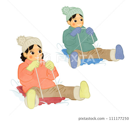 可愛的男孩和女孩玩雪橇的插圖集 03 111177250