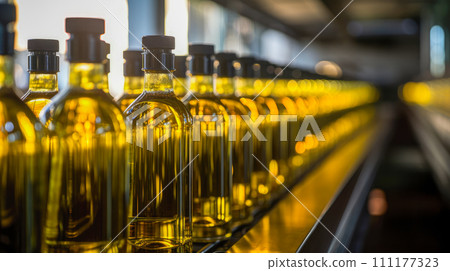 Vegetable Oil Bottles Transfer On Conveyor Belt System 111177323