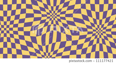 70s Vibes Groovy Checkerboard Patterns. Abstract Grid Backgrounds in a Psychedelic Retro Style in Yellow and Violet Colors. 111177421
