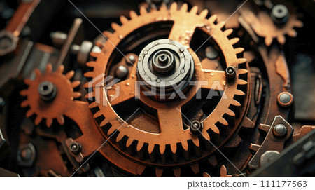 Old rusty gears close up background. Aged gears cogwheels background. 111177563
