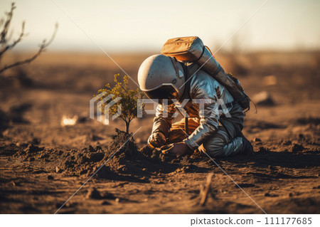 An astronaut planting a tree. Concept of world environment day planting forest, nature, and ecology. 111177685