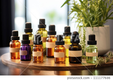 Assortment of organic essential oils and herbal extracts in glass bottles. Alternative therapy, aromatherapy. Assortment of organic essential oils and herbal extracts in glass bottles. Alternative therapy, aromatherapy. 111177686