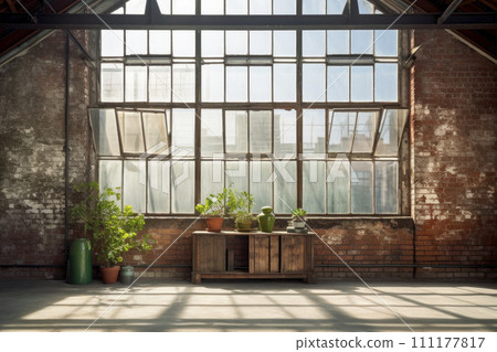 Empty, large interior with old brick walls and big windows. Empty, large interior with old brick walls and big windows. 111177817