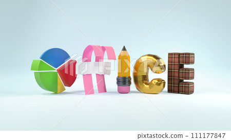 3D objects forming word office against blue background. Graphs, stationery supplies. 111177847