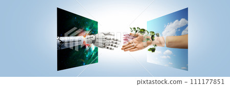 Real and artificial, fantastic words meet. Hands appearing form monitors, human hand shaking 3D model of robotic hand over blue background. 111177851