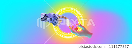 3D model of robotic hand and human hand almost touching, surrounded by a digital aura. Conceptual creative design. Meditation app 111177857