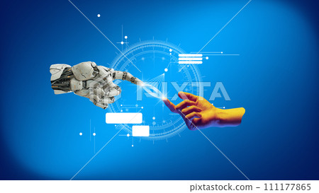 3D model of robot hand and human hand about to touch with digital interface on blue neon background. Conceptual design. Digitalization. 111177865