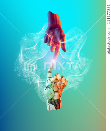Human hand reaching out to 3D model of robotic hand with light connection on neon background. Conceptual design. Virtual reality gaming platform. Human hand reaching out to 3D model of robotic hand with light connection on neon background. Conceptual design. Virtual reality gaming platform. 111177881