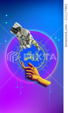 3D model of robotic hand and human hand touching fingers with AI icon against gradient neon background. Conceptual design. 111177901