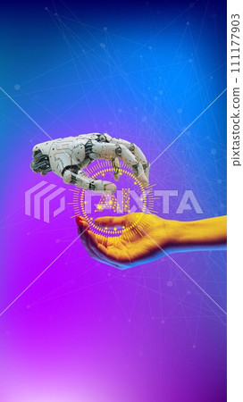 Human-robot cooperation. Promotion for masterclass in AI and machine learning. Conceptual design. Human hand ad 3D model of robotic hand against gradient background. Human-robot cooperation. Promotion for masterclass in AI and machine learning. Conceptual design. Human hand ad 3D model of robotic hand against gradient background. 111177903