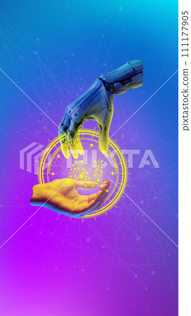 Female hand cooperating with 3D model of robotic hand against gradient neon background. Construal creative design. Female hand cooperating with 3D model of robotic hand against gradient neon background. Construal creative design. 111177905