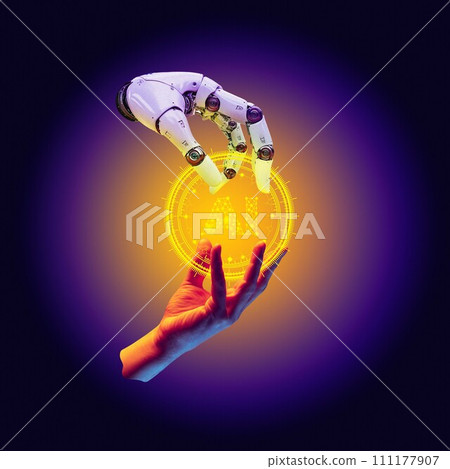 Female hand connecting with 3D render of robotic hand against gradient neon background. Creative conceptual design. Science and artificial intelligence 111177907