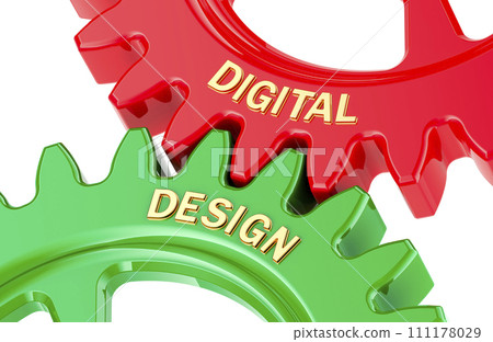 Digital Design concept with colored gearwheels. 3D rendering 111178029