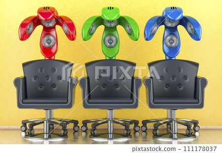 Hydraulic barber chair salons with professional salon standing hair hood dryer infrared lamps in room near the wall, front view. 3D rendering 111178037