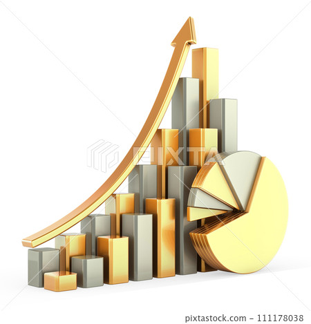 Metallic craphs, pie charts, diagrams, bars with growth arrow. 3D rendering Metallic craphs, pie charts, diagrams, bars with growth arrow. 3D rendering 111178038