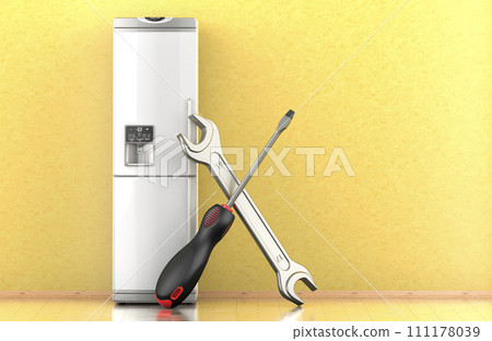 Refrigerator with screwdriver and wrench in interior. Repair and service of fridge concept. 3D rendering 111178039