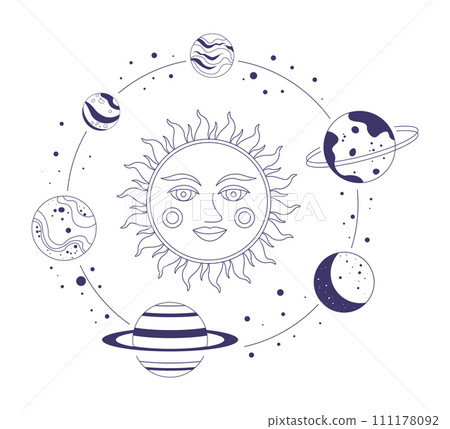 Sun and planets on orbits, magic and mystic signs 111178092