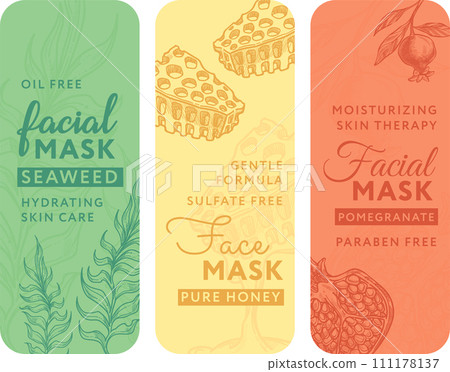 Care for face, facial mask products labels vector 111178137