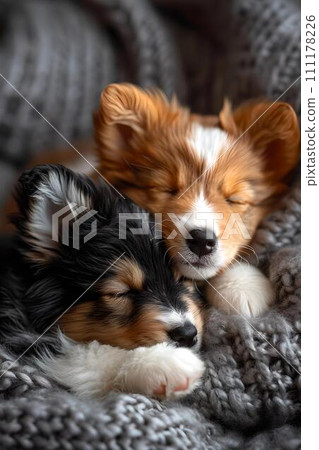 Adorable puppies sleeping peacefully together on a soft blanket. perfect moment of canine friendship captured. serene pet nap time. AI Adorable puppies sleeping peacefully together on a soft blanket. perfect moment of canine friendship captured. serene pet nap time. AI 111178226