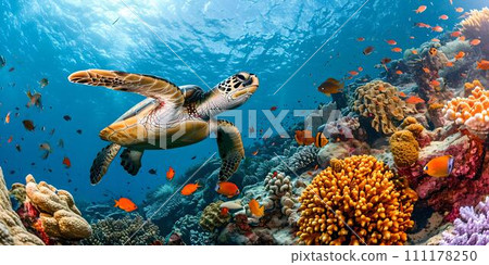 Vibrant underwater scene with swimming sea turtle. colorful coral reef and marine life. nature photography for wall art and stock. AI Vibrant underwater scene with swimming sea turtle. colorful coral reef and marine life. nature photography for wall art and stock. AI 111178250