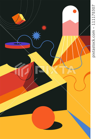 Surrealism style, flying cube, stars and door 111178307