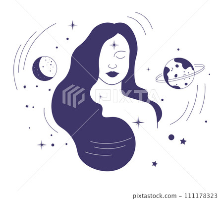 Woman with long, flowing hair, stars and planets 111178323