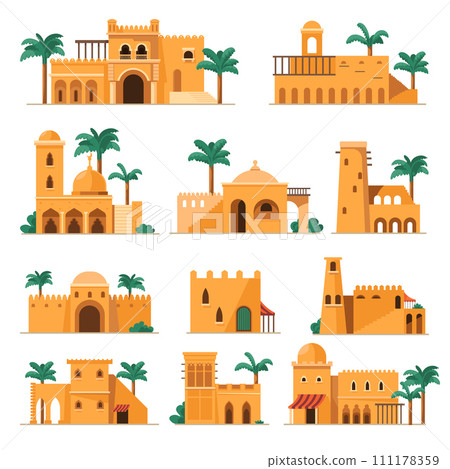 Set of traditional arabic mud brick buildings Set of traditional arabic mud brick buildings 111178359